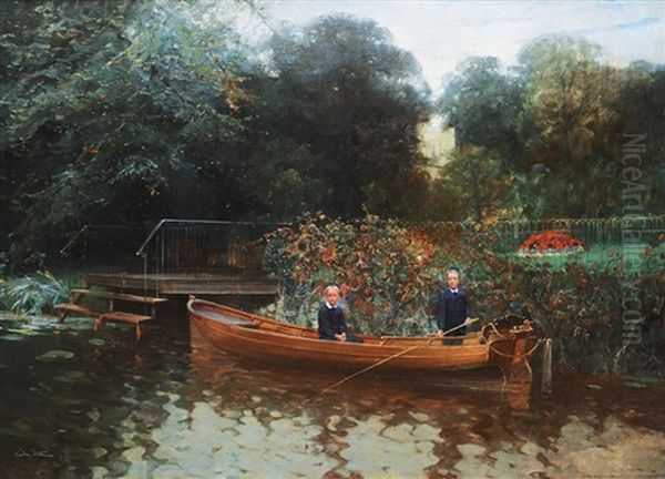 Children In A Boat On The Feenteich Oil Painting by Ludwig Julius Christian Dettmann