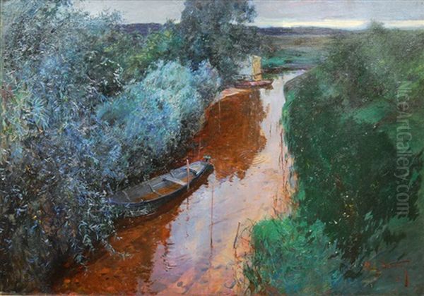 Boats On A Creek Oil Painting by Ludwig Julius Christian Dettmann