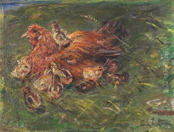 Huhn Mit Kuken Oil Painting by Ludwig Julius Christian Dettmann