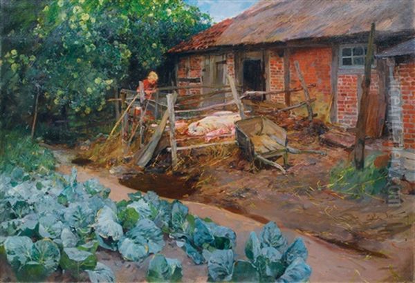 Piggery Oil Painting by Ludwig Julius Christian Dettmann