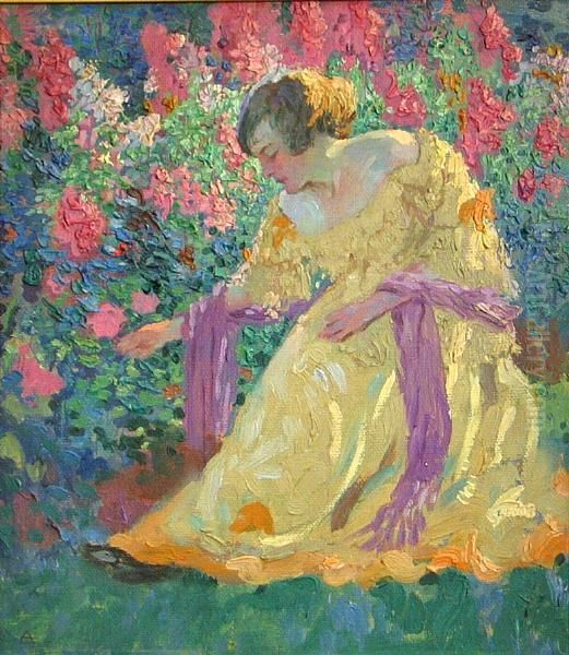 Woman In A Garden Oil Painting by Charles F. Arcieri