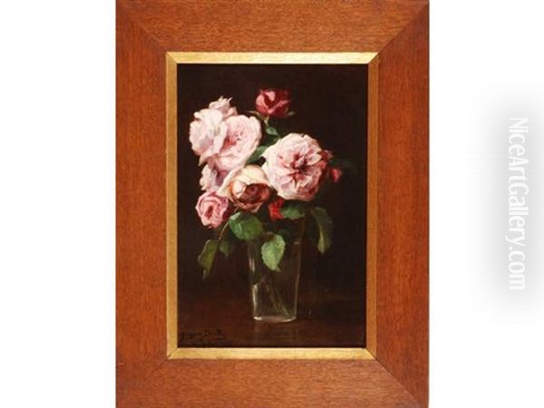 Bouquet De Roses Dans Un Verre Oil Painting by Eugene Auguste Francois Deully