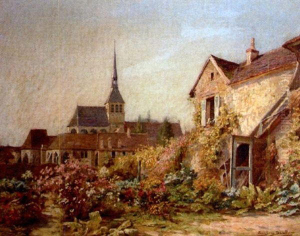 Jardin Fleuri Dans Un Village Avec Une Eglise A L'arriere Plan Oil Painting by Eugene Auguste Francois Deully