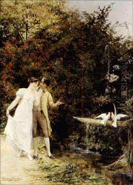 A La Fontaine Oil Painting by Eugene Auguste Francois Deully