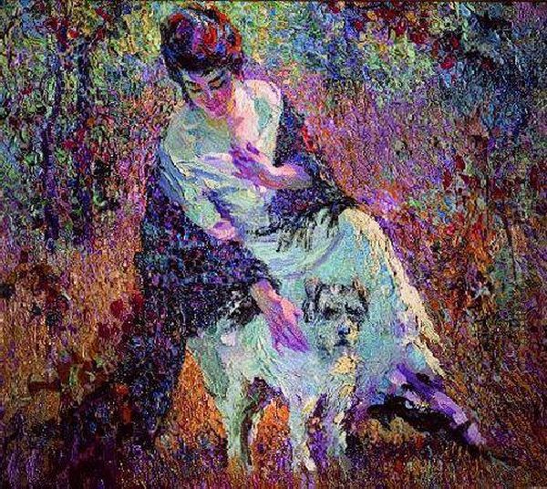 Girl With Her Dog Oil Painting by Charles F. Arcieri