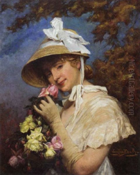 Portrait Of A Girl In A White Dress And Straw Bonnet, Holding A Basket Of Flowers Oil Painting by Eugene Auguste Francois Deully