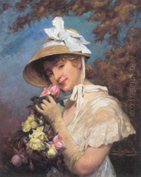 Ung Pige, Der Dufter Til En Lyserod Rose Oil Painting by Eugene Auguste Francois Deully