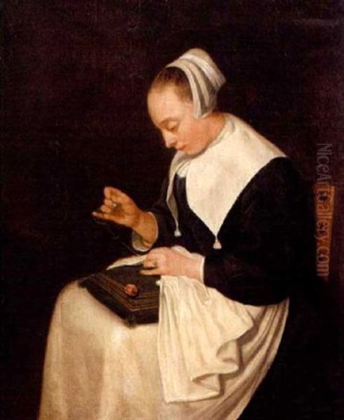 A Young Woman Sewing Oil Painting by Olivier van Deuren