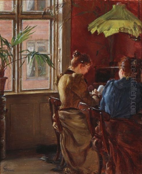 Interior With Two Women Decorating Porcelain Oil Painting by Caroline Van Deurs