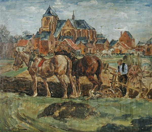 Bauer Beim Pflugen Mit Einem Pferdegespann, Im Hintergrund Eine Kirche Oil Painting by August Deusser