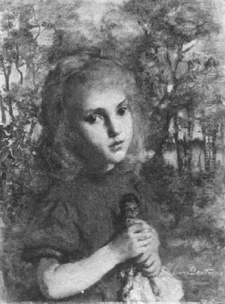 A Girl With A Doll Oil Painting by Frans Deutmann