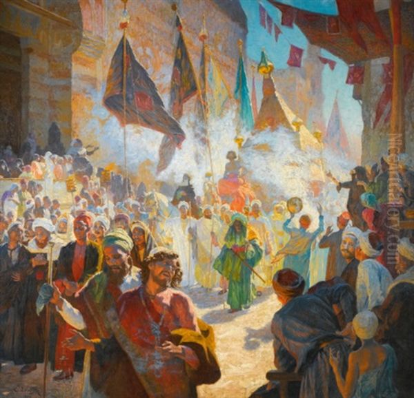 The Procession Of The Mahmal Through The Streets Of Cairo Oil Painting by Ludwig Deutsch