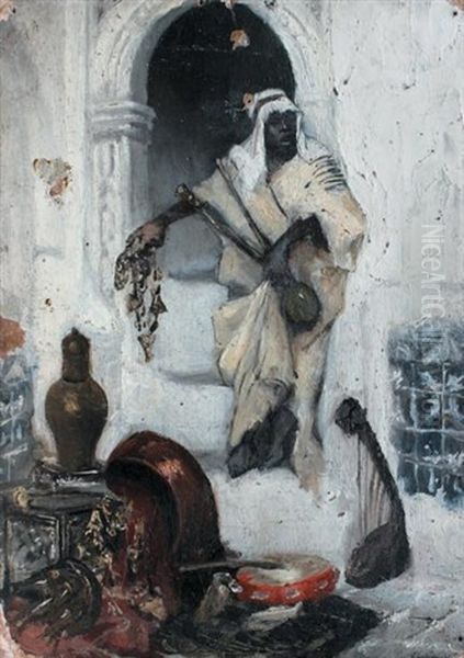 Homme Arabe Pres De La Porte Voutee Oil Painting by Ludwig Deutsch