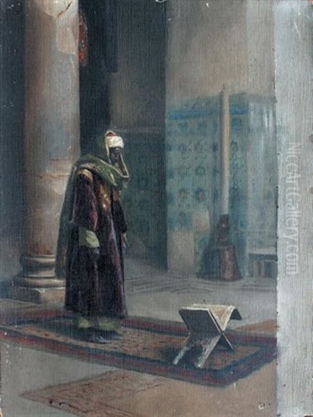 Homme Arabe Debout Devant Un Coran Ouvert Sur Un Portant Oil Painting by Ludwig Deutsch