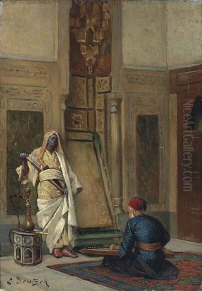 A Musician And A Guardsman In An Oriental Interior Oil Painting by Ludwig Deutsch