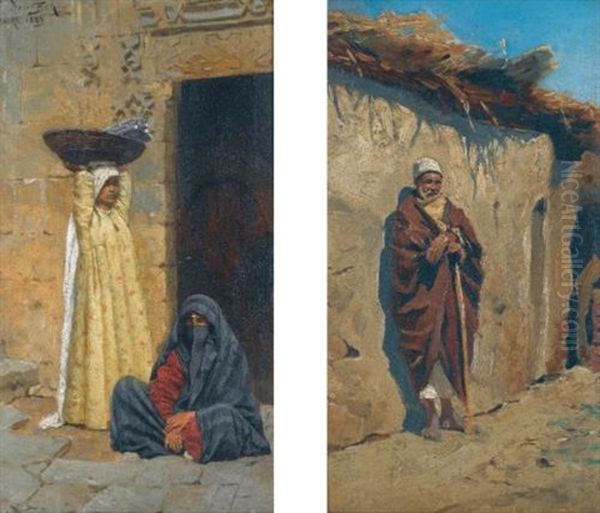 Egyptian Figures (pair) Oil Painting by Ludwig Deutsch