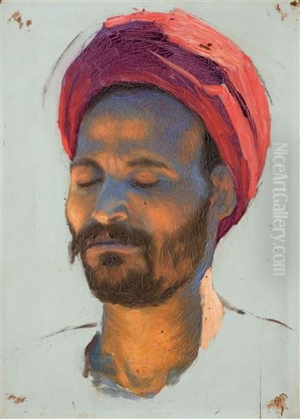 Portrait D'homme Au Turban Rouge Oil Painting by Ludwig Deutsch