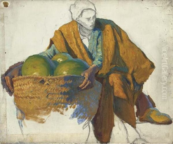 A Market Vendor Oil Painting by Ludwig Deutsch