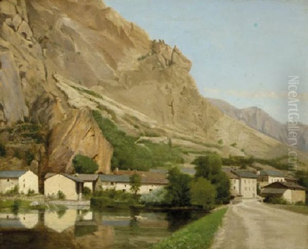 A Village In An Alpine Valley Oil Painting by Ludwig Deutsch