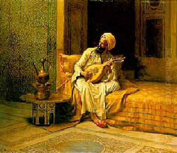 Musician In An Interior Oil Painting by Ludwig Deutsch