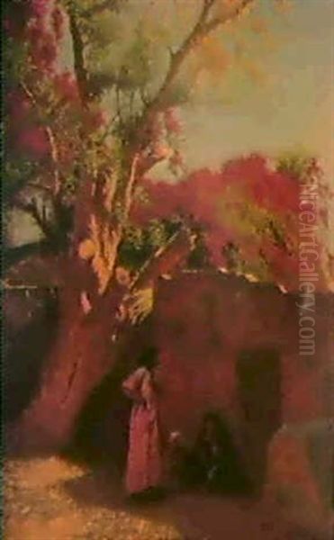 Women Beneath A Bougainvillaea Tree Oil Painting by Ludwig Deutsch