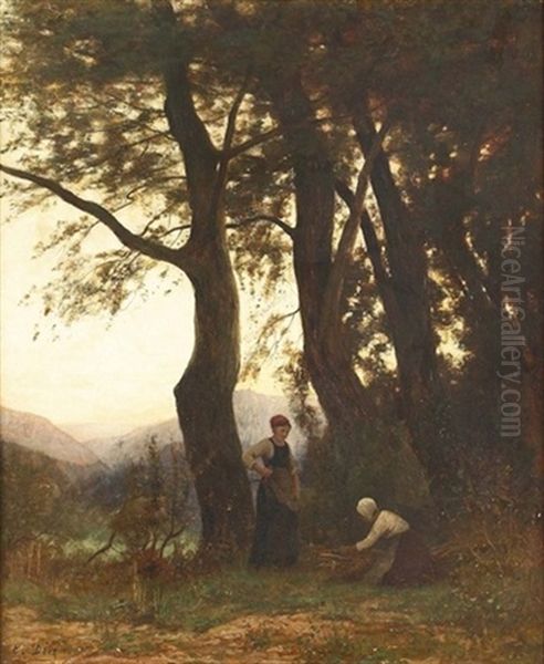 Zwei Reisigsammlerinnen Am Waldrand Oil Painting by Eugene Deve