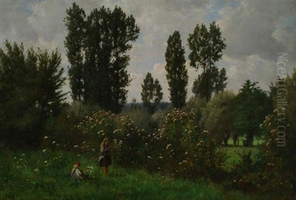 Petites Filles Dans Un Champ De Fleurs Oil Painting by Eugene Deve