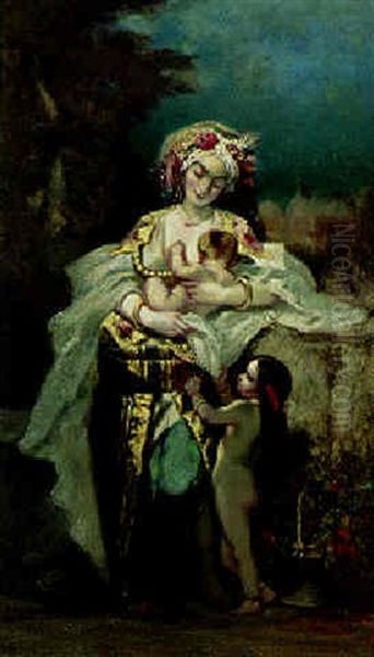 Oriental Lady With Her Children Oil Painting by Louis Devedeux