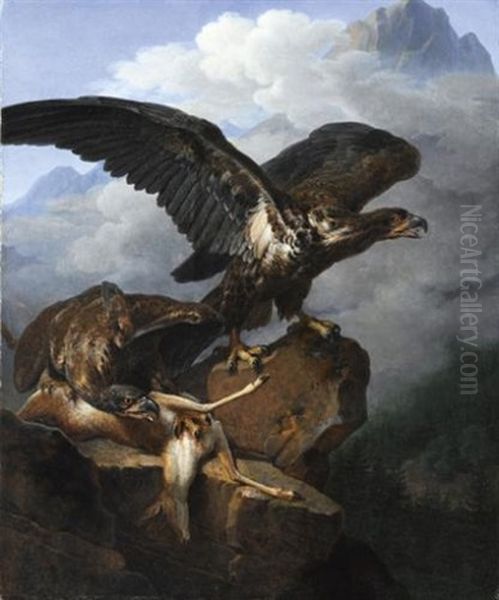 Aigles Avec Leur Proie (+ Busard Fondant Sur Des Perdrix Rouges; Pair) Oil Painting by Jean-Charles Develly