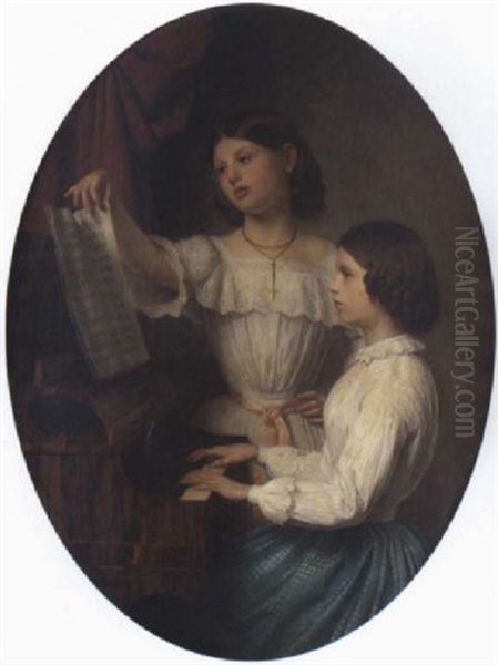 Deux Jeunes Filles Au Piano Oil Painting by Lonis-Joseph Devemy