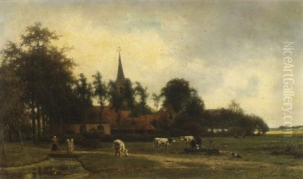 A Farmyard Scene With Cows In The Foreground Oil Painting by Jan Frederik Van Deventer