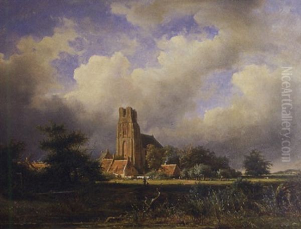 Landscape With Cathedral And Dramatic Storm Clouds Oil Painting by Jan Frederik Van Deventer