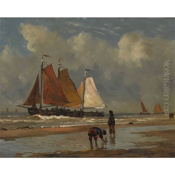 Strandpartie Mit Knaben Und Segelschiffen Oil Painting by Willem Anthonie van Deventer