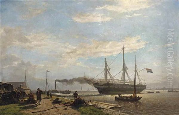 A Dockyard On The Northern Shore Of The Amsterdam Harbour Oil Painting by Willem Anthonie van Deventer