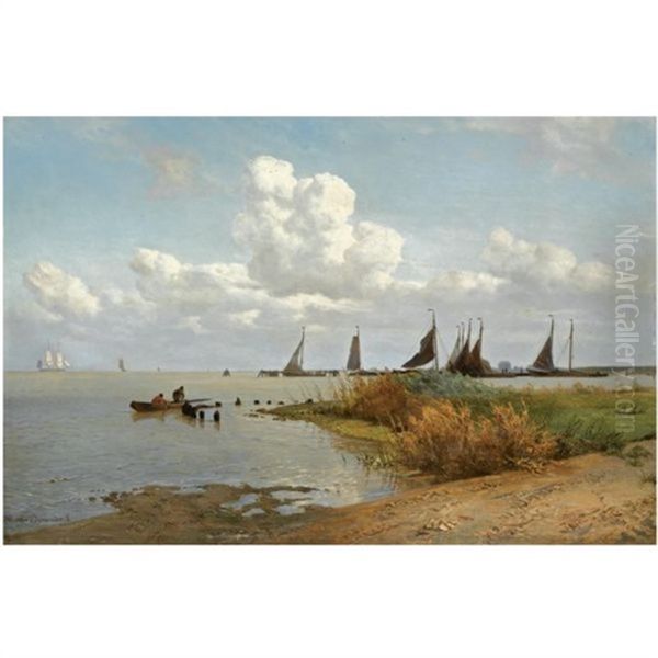 Moored Sailing Vessels On The Zuiderzee Oil Painting by Willem Anthonie van Deventer