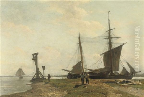 A Moored Two-master On The River-shore Oil Painting by Willem Anthonie van Deventer