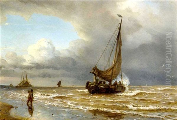 Sailing Vessels In The Surf Oil Painting by Willem Anthonie van Deventer