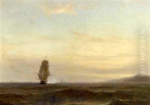 A Frigate Under Sail Firing A Salute Oil Painting by Willem Anthonie van Deventer