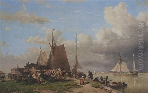 A Busy Ship-yard Along A River Oil Painting by Willem Anthonie van Deventer