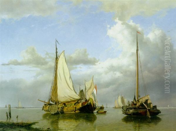 Shipping On A Calm Estuary Oil Painting by Willem Anthonie van Deventer