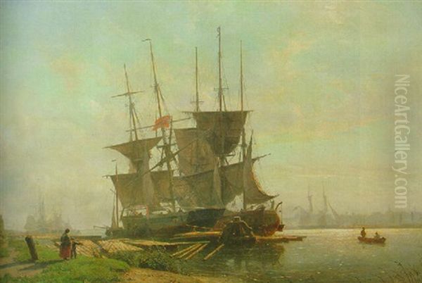 Moored Shipping By De Houtpijp, Amsterdam Oil Painting by Willem Anthonie van Deventer