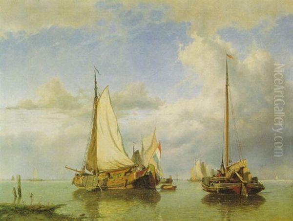 Frachtensegler Und Ausfahrende Kustenfischer In Einer Flusmundung An Der Hollandischen Kuste Oil Painting by Willem Anthonie van Deventer