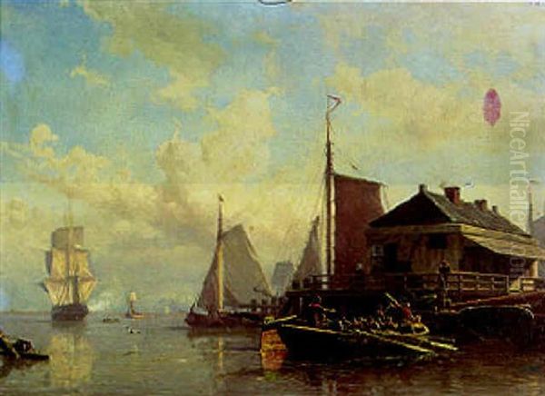 Shipping In An Estuary With Figures Rowing By A Jetty by Willem Anthonie van Deventer