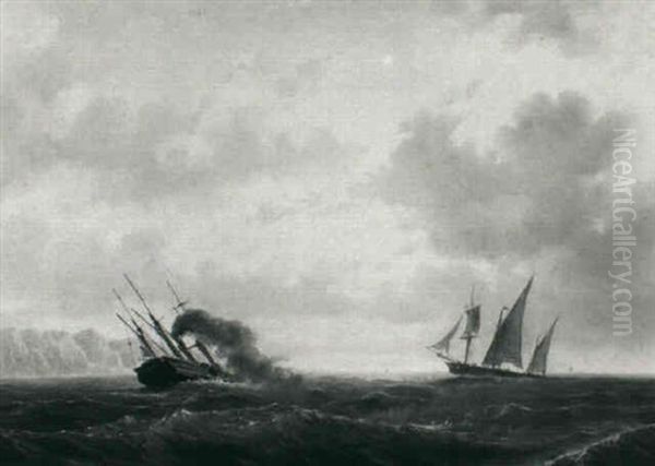 A Sailing Vessel And A Steamer Off The Coast Oil Painting by Willem Anthonie van Deventer