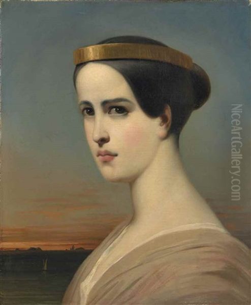 Portrait D'elisabeth Felix (1821-1858), Dite Mlle Rachel, Dans Le Role D'hermione Oil Painting by Achille Jacques Jean Marie Deveria