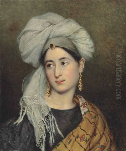 Portrait Of A Woman In Oriental Dress Oil Painting by Achille Jacques Jean Marie Deveria