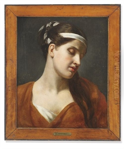 Portrait Of A Young Woman In A Brown Wrap, A White Ribbon Through Her Hair Oil Painting by Achille Jacques Jean Marie Deveria