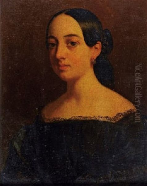 Portrait De Jeune Femme Oil Painting by Achille Jacques Jean Marie Deveria