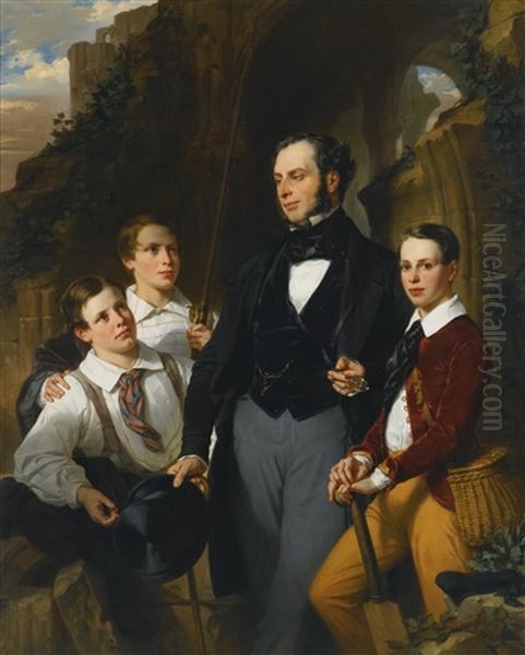 Portrait Of Laurence Davidson And His Three Sons, Three-quarter Length, Standing By Ruins, His Sons Seated Around Him, One Holding A Fishing Rod, The Other Holding A Cricket Bat Oil Painting by Eugene Deveria