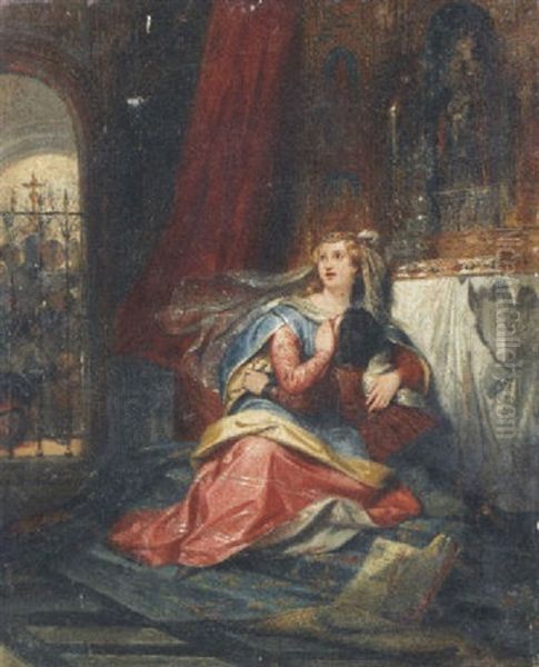 Marguerite D'anjou, Reine D'angleterre, Protegeant Son Fils Edouard, Prince De Galles, Pendant La Guerre Civile Oil Painting by Eugene Deveria